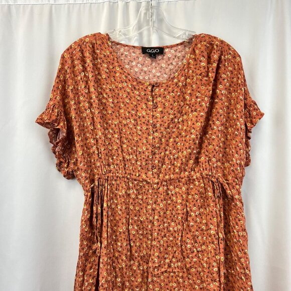 Gigio Womens Floral Mini Dress Short Sleeve Cinched Waist Orange/Multi Small - Picture 2 of 8